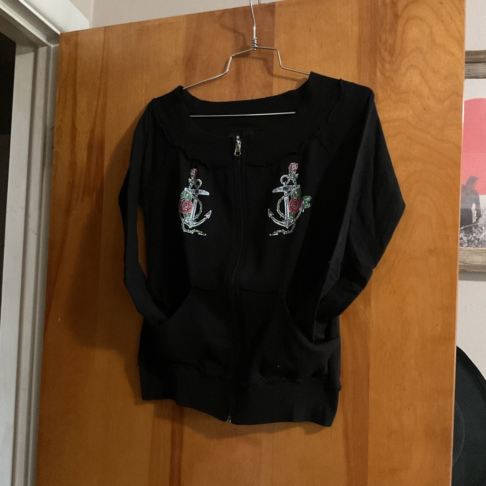 Rare Morbid Hot Topic  Black Zip up Crew  with Anchor Details